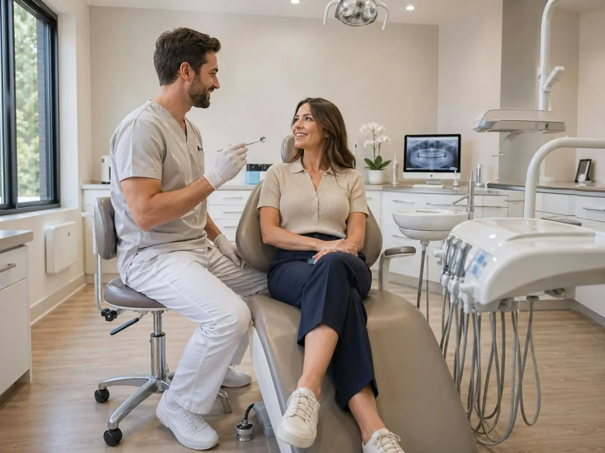 A dentist chatting with a smiling patient in a bright, modern dental office